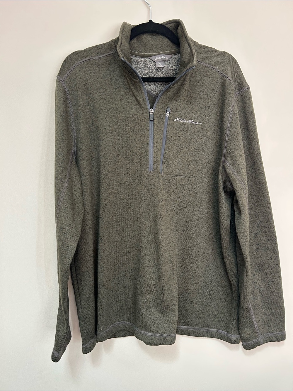 Eddie Bauer Men's Olive Green Half-Zip Fleece with Chest Zip Pocket
